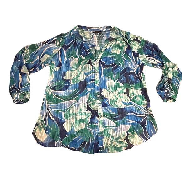 Sara Michelle - 1X Top - Blue Green Floral - Metallic Sheer - Button Front - EUC - Picture 1 of 9